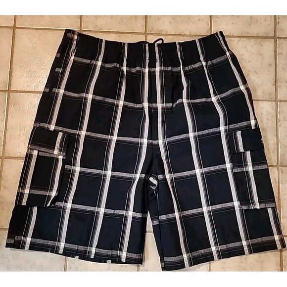 Nwt Shaka Wear Cargo Shorts Men's Sz 4XL Navy BluePlaid Drawstring Elastic Waist - Picture 1 of 13